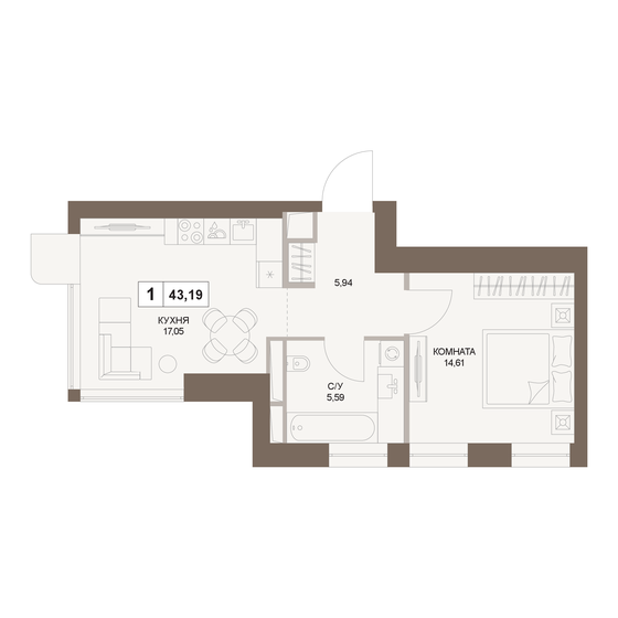 43,2 м², 1-комнатная квартира 23 318 496 ₽ - изображение 44