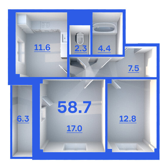 58,7 м², 2-комнатная квартира 4 519 900 ₽ - изображение 1