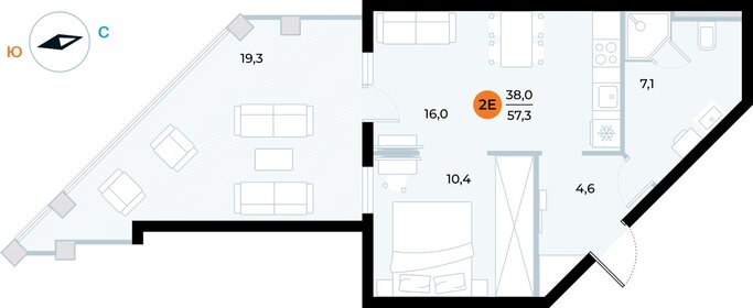 Квартира 57,3 м², 1-комнатные - изображение 1