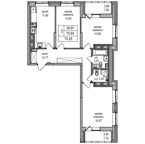 70,6 м², 3-комнатная квартира 14 989 704 ₽ - изображение 1