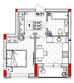 Квартира 30,4 м², 1-комнатная - изображение 1