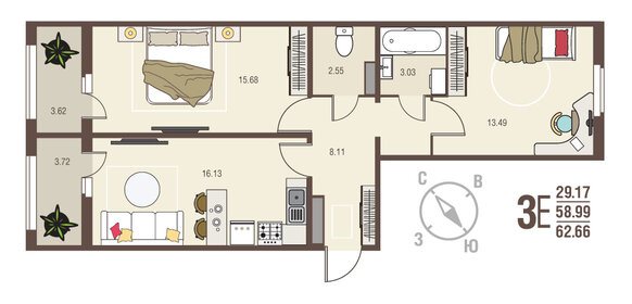 Квартира 62,7 м², 2-комнатная - изображение 1