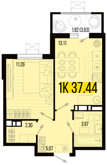37,4 м², 1-комнатная квартира 4 159 584 ₽ - изображение 1