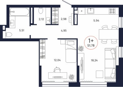 Квартира 51,8 м², 1-комнатная - изображение 2