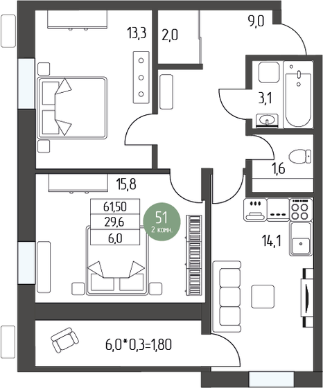 65,7 м², 2-комнатная квартира 7 503 000 ₽ - изображение 1