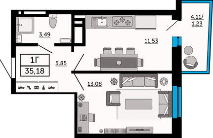 Квартира 35,2 м², 1-комнатная - изображение 1