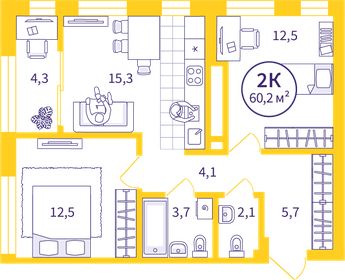 Квартира 58 м², 2-комнатная - изображение 1