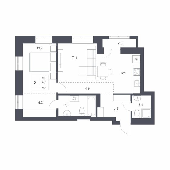 64,3 м², 2-комнатная квартира 9 250 000 ₽ - изображение 1