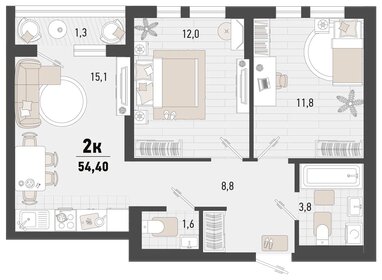 Квартира 54,4 м², 2-комнатная - изображение 1