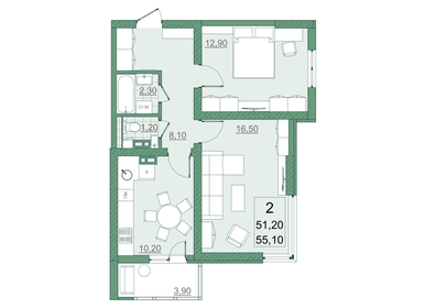 Квартира 51,2 м², 2-комнатная - изображение 2