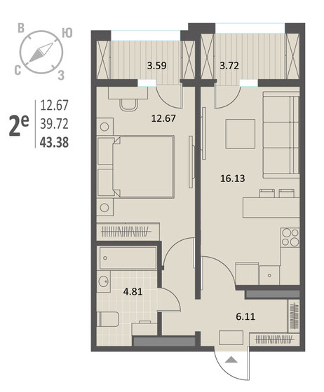 43,4 м², 1-комнатная квартира 5 856 300 ₽ - изображение 1