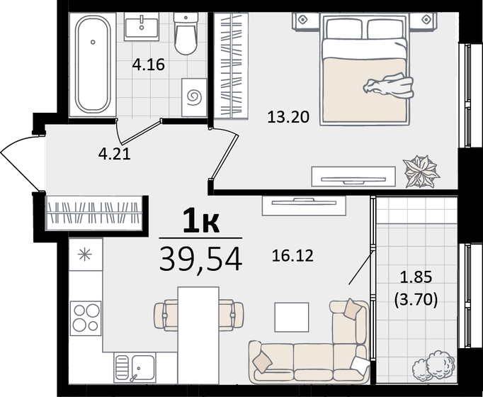 39,5 м², 1-комнатная квартира 11 470 554 ₽ - изображение 1