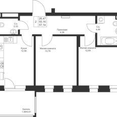 Квартира 57,1 м², 2-комнатная - изображение 3