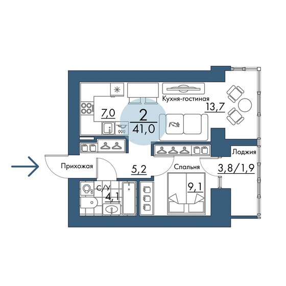 41 м², 2-комнатная квартира 6 970 000 ₽ - изображение 1