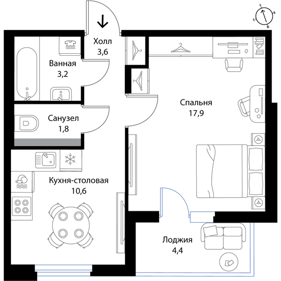 39,3 м², 1-комнатная квартира 6 818 550 ₽ - изображение 1