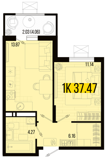 37,5 м², 1-комнатная квартира 4 140 435 ₽ - изображение 1