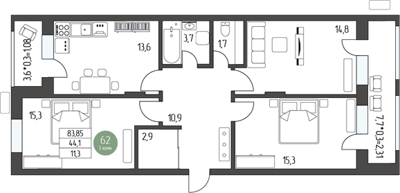 Квартира 85,7 м², 3-комнатная - изображение 1
