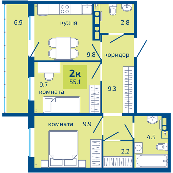 55,1 м², 2-комнатная квартира 5 360 000 ₽ - изображение 1