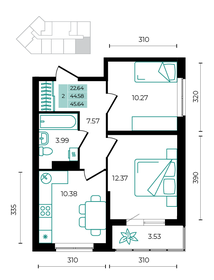 Квартира 45,6 м², 2-комнатная - изображение 1