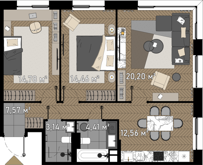 77,1 м², 3-комнатные апартаменты 37 524 740 ₽ - изображение 1