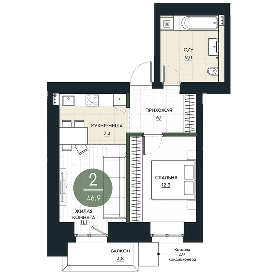 46,9 м², 2-комнатная квартира 6 753 600 ₽ - изображение 1