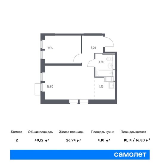 40,1 м², 1-комнатная квартира 8 547 334 ₽ - изображение 1