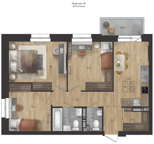 65,1 м², 3-комнатная квартира 11 859 000 ₽ - изображение 1