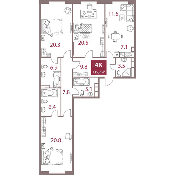 119,7 м², 4-комнатная квартира 68 504 312 ₽ - изображение 1