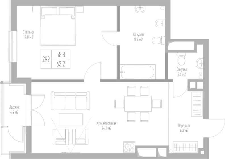 63,2 м², 1-комнатная квартира 19 656 280 ₽ - изображение 1