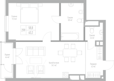 Квартира 63,2 м², 1-комнатная - изображение 1