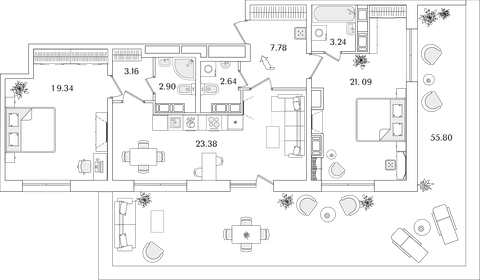 Квартира 100,6 м², 2-комнатная - изображение 1