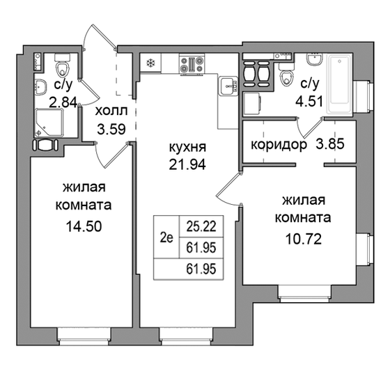 61,2 м², 2-комнатная квартира 11 016 000 ₽ - изображение 1