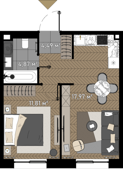 39,1 м², 1-комнатные апартаменты 21 118 076 ₽ - изображение 1