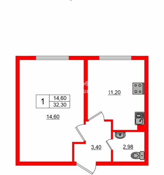 32,3 м², 1-комнатная квартира 3 100 000 ₽ - изображение 1