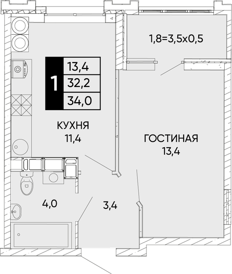 34 м², 1-комнатная квартира 5 168 000 ₽ - изображение 1