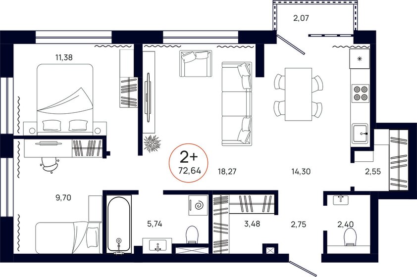 72,6 м², 2-комнатная квартира 10 198 000 ₽ - изображение 1