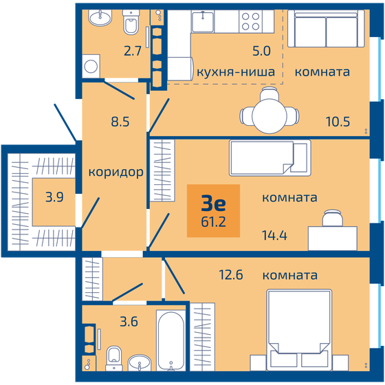 61,2 м², 3-комнатная квартира 6 040 000 ₽ - изображение 1