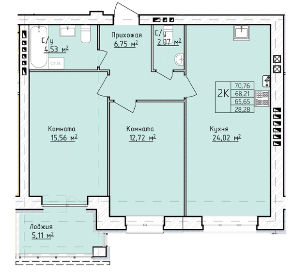 70,8 м², 2-комнатная квартира 6 684 500 ₽ - изображение 1