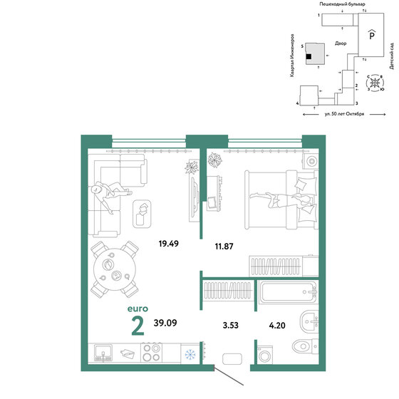 39,1 м², 2-комнатная квартира 6 390 000 ₽ - изображение 1