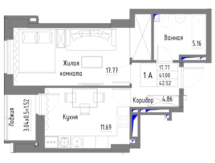 42,5 м², 1-комнатная квартира 6 109 000 ₽ - изображение 1