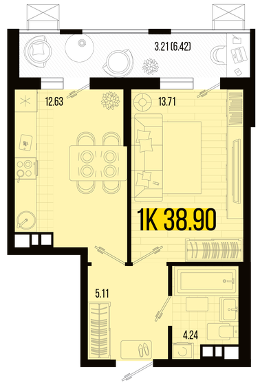 38,9 м², 1-комнатная квартира 4 294 560 ₽ - изображение 1