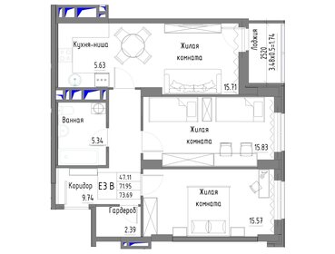 70 м², 3-комнатная квартира 6 200 000 ₽ - изображение 87