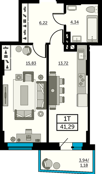 40,8 м², 1-комнатная квартира 5 917 450 ₽ - изображение 1
