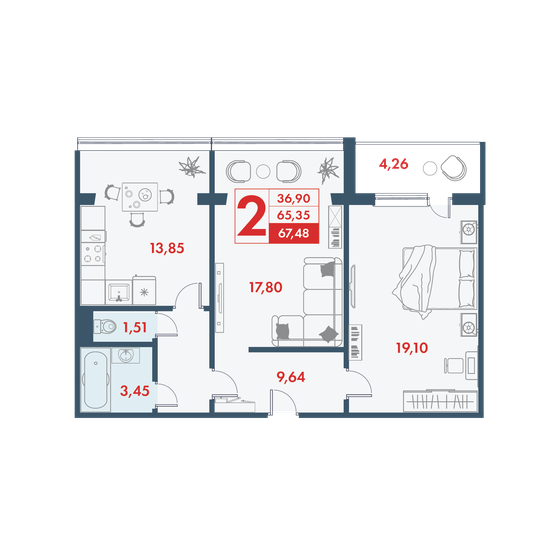 67,5 м², 2-комнатная квартира 5 465 880 ₽ - изображение 1