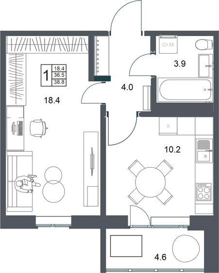 38,8 м², 1-комнатная квартира 4 004 160 ₽ - изображение 1