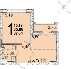 Квартира 37 м², 1-комнатная - изображение 1