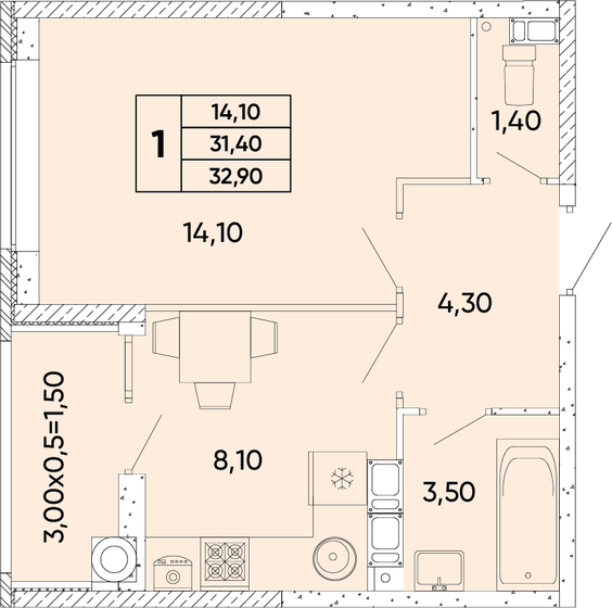 32,9 м², 1-комнатная квартира 4 490 850 ₽ - изображение 1