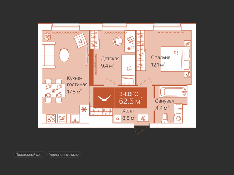 52,5 м², 2-комнатная квартира 7 780 000 ₽ - изображение 1
