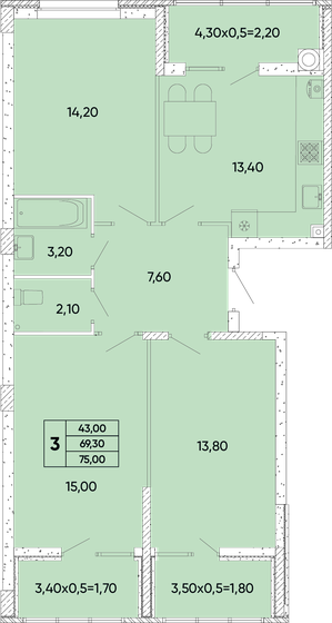 75 м², 3-комнатная квартира 8 062 500 ₽ - изображение 1