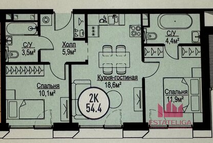 Квартира 54,4 м², 3-комнатные - изображение 1